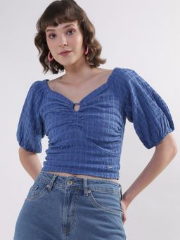 ELLE - Women Blue Textured Half Sleeves Crop Top