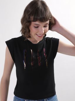 ELLE - Women Black Solid Cap Sleeves T-Shirt