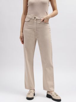 ELLE - Women Beige Solid Straight Leg Jeans