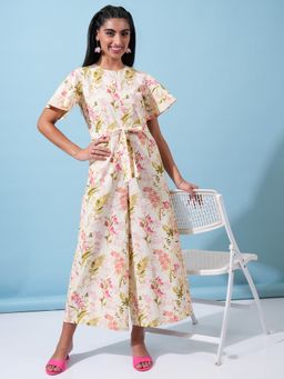 TOKYO TALKIES - Women Ecru Printed Waist Tie-Up Jumpsuit