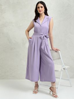 TOKYO TALKIES - Women Purple Solid Waist Tie Up Culotte Jumpsuit with Belt