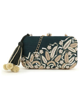 Anekaant - Gaud Dark Green and Gold Floral Embellished Faux Silk Clutch
