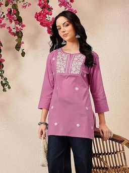 QAZMI - Ethnic Motifs Embroidered Round Neck Straight Pure Cotton Kurti