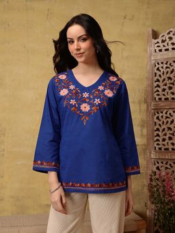 QAZMI - Women Nafisa Kashmiri Aari Work V-Neck Pure Cotton Kurti