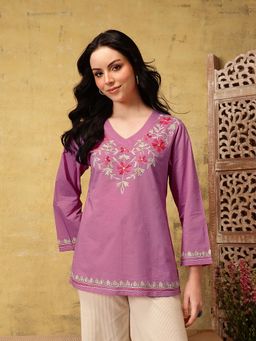 QAZMI - Women Nafisa Kashmiri Aari Work V-Neck Pure Cotton Kurti