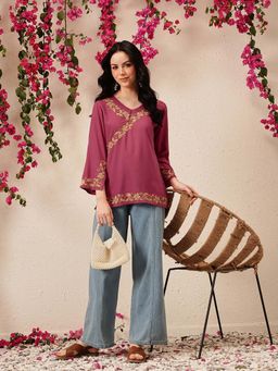 QAZMI - Women's Dusky Pink Jina V-Neck Kashmiri Work Full Sleeves Kurti