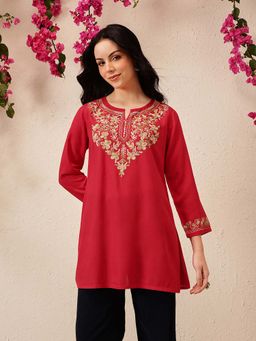 QAZMI - Women's Naila Kashmiri Red A-Line Short Kurti