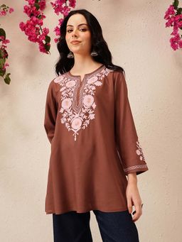 QAZMI - Women's Brown Kashmiri A-Line Flared Kurti