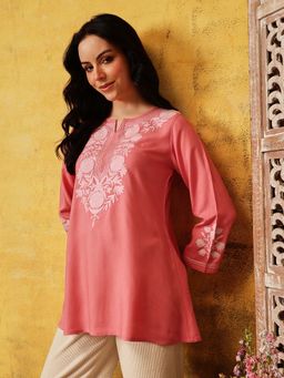 QAZMI - Women's Peach Kashmiri A-Line Flared Kurti