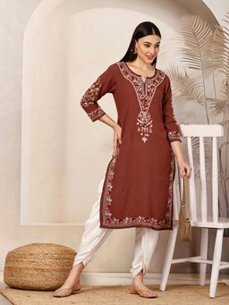 QAZMI - Brown Aafreen Kashmiri Aari Work Straight Kurta