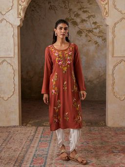 QAZMI - Brown Women's Sahar Kashmiri Aari Work Straight Kurta