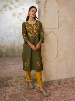 QAZMI - Women's Green Zaynab Kashmiri Embroidered Cotton Linen Kurta