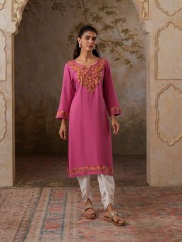 QAZMI - Pink Women's Huma Kashmiri Aari Work Straight Kurta