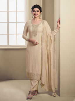 Seerat - Off White Schiffli With Organza Top With Trouser & Dupatta