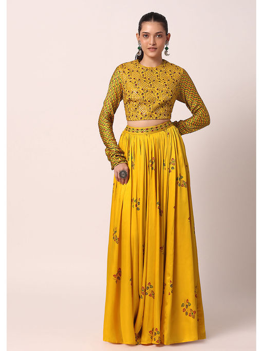 kalki fashion yellow dress Yellow Crepe Palazzo Suit With Thread And Resham Work