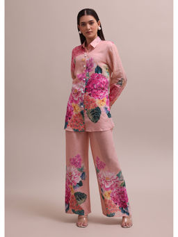 KALKI FASHION - Pastel Pink Linen Co-Ord With Floral Prints And Sequin (Set of 3)