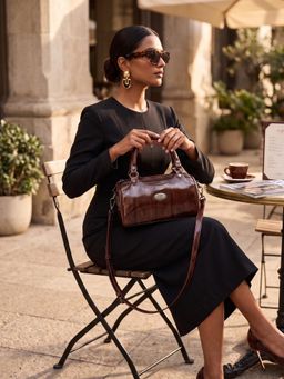 YELONA - Brown Vintage Leather Barrel Handbag With Detachable Strap