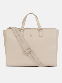 Tommy Hilfiger - Solid Cream Polyurethane Shoulder Bag With Detachable Strap