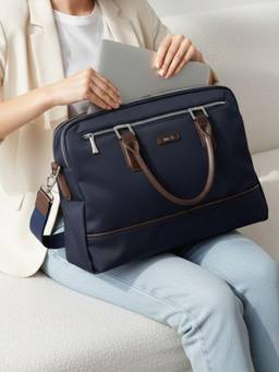Inc.5 - Women Navy Blue Solid Laptop Bag With Detachable Strap