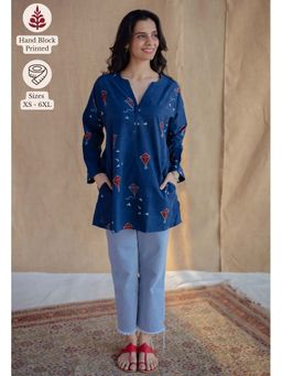The Indian Ethnic Co. - Blue Loose Ajrakh Hand Block Printed Cotton Short Tunic