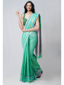 Unnati Silks - Green Pure Mangalgiri Hand Block Printed Cotton Saree with Unstitched Blouse