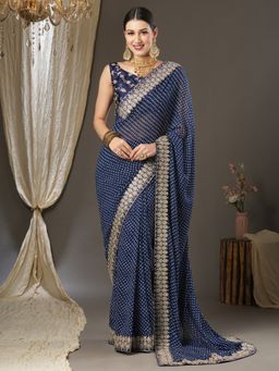 Akhilam - Womens Georgette Navy Blue Zari Embroidered Designer Saree with Unstitched Blouse