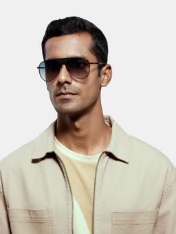 Opium Eyewear - Mens Blue Polycarbonate Lenses Black Frame Aviator Sunglasses