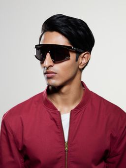 Opium Eyewear - Mens Grey Polycarbonate Lenses Black Frame Sheild Sunglasses