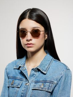 Opium Eyewear - Unisex Brown Polycarbonate Lenses Gold Frame Hexa Sunglasses