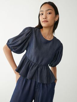 Pomelo - Premium Tencel Puffed Sleeve Peplum Top - Dark Blue