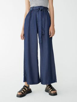 Pomelo - Premium Tencel Tie Waist Wide Leg Pants - Dark Blue (Set of 2)