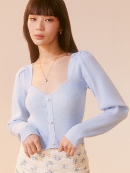 Pomelo - Heart Shape Neck Knit Top - Blue