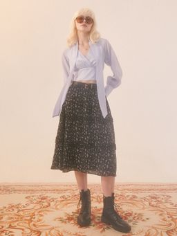 Pomelo - Floral Frill Midi Skirt - Black