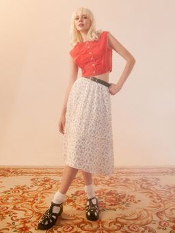 Pomelo - Floral Frill Midi Skirt - White