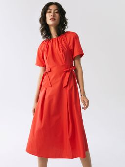 Pomelo - Ruched Waist Midi Dress - Red