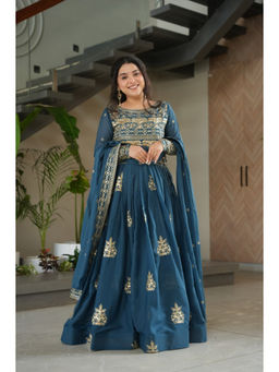 JATRIQQ - Teal Chinon with Sequence Embroidered and Beads Work Gown with Dupatta