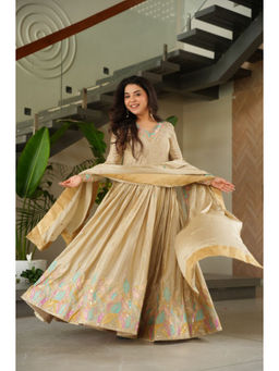 JATRIQQ - Beige Chinon with Rich Sequins and Multi Thread Embroidered Work Gown with Dupatta