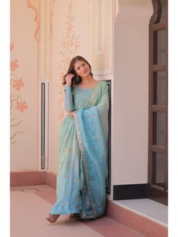 JATRIQQ - Blue Padding Gold Organza with Sequins-Multi and Zari Embroidered Work Gown Dupatta