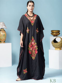 Kashmir Box - Kashmiri Aari Embroidered Black Cotton Kaftan Dress