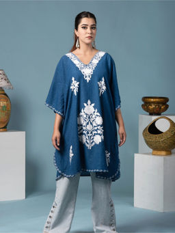 Kashmir Box - Kashmiri Aari Embroidered Blue Cotton Kaftan Kurta