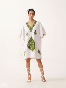 Kashmir Box - Kashmiri Aari Embroidered Off-White Cotton Kaftan Dress