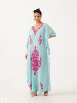 Kashmir Box - Kashmiri Aari Embroidered Sky Blue Cotton Kaftan Dress