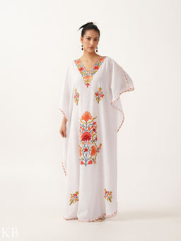 Kashmir Box - Kashmiri Floral Aari Embroidered White Cotton Kaftan Dress