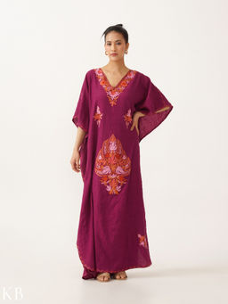 Kashmir Box - Kashmiri Aari Embroidered Magenta Cotton Kaftan Dress