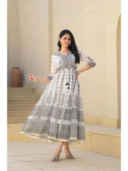 Juniper - White Ethnic Motif Flora Chiffon Long Maxi Dress with Dori