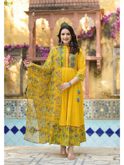 Juniper - Mustard Floral Long Maxi Dress with Dupatta and Dori