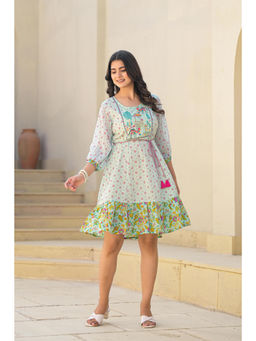 Juniper - White Ethnic Motif Floral Short Mini Dress with Dori