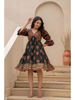 Juniper - Black Printed Fit and Flare with Tribal Border Knee Length Dress