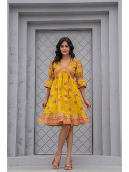 Juniper - Mustard Printed Fit and Flare with Tribal Border Knee Length Dress