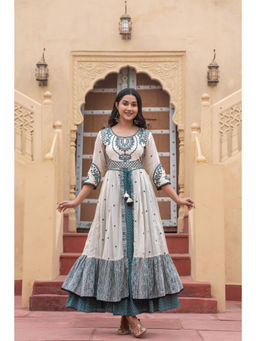 Juniper - Off White and Teal Green Embroidered Tiered Ethnic Maxi Dress with Dori